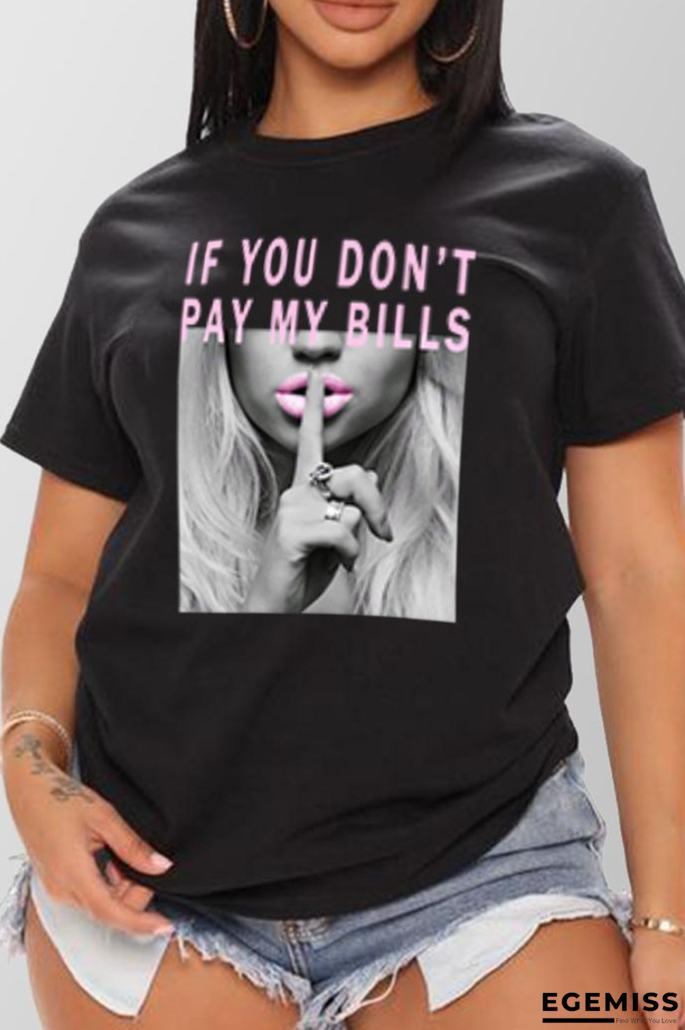 Black Fashion Sexy Print Patchwork Letter O Neck T-Shirts | EGEMISS