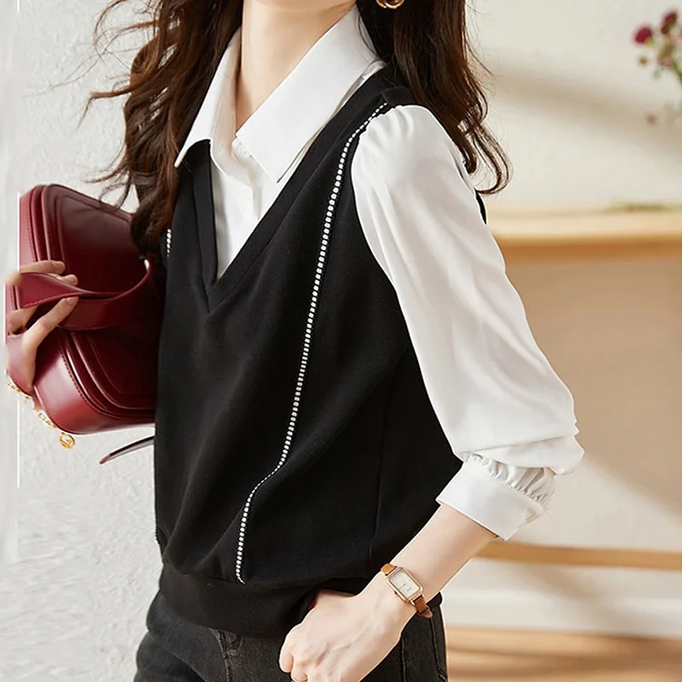 Black White Long Sleeve Cotton-Blend Casual Shirts & Tops QueenFunky