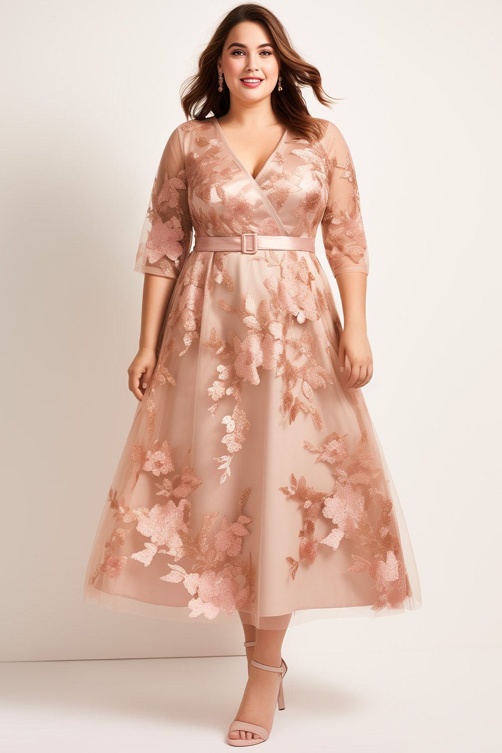 Flycurvy Plus Size Mother Of The Bride Pink Lace Wrap 3/4 Sleeve Tea-Length Dress