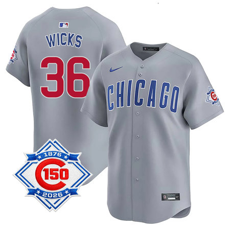 Men's Chicago Cubs #36 Jordan Wicks Grey Nike Road Vapor Limited 150th Anniversary Authentic Lettering Jersey