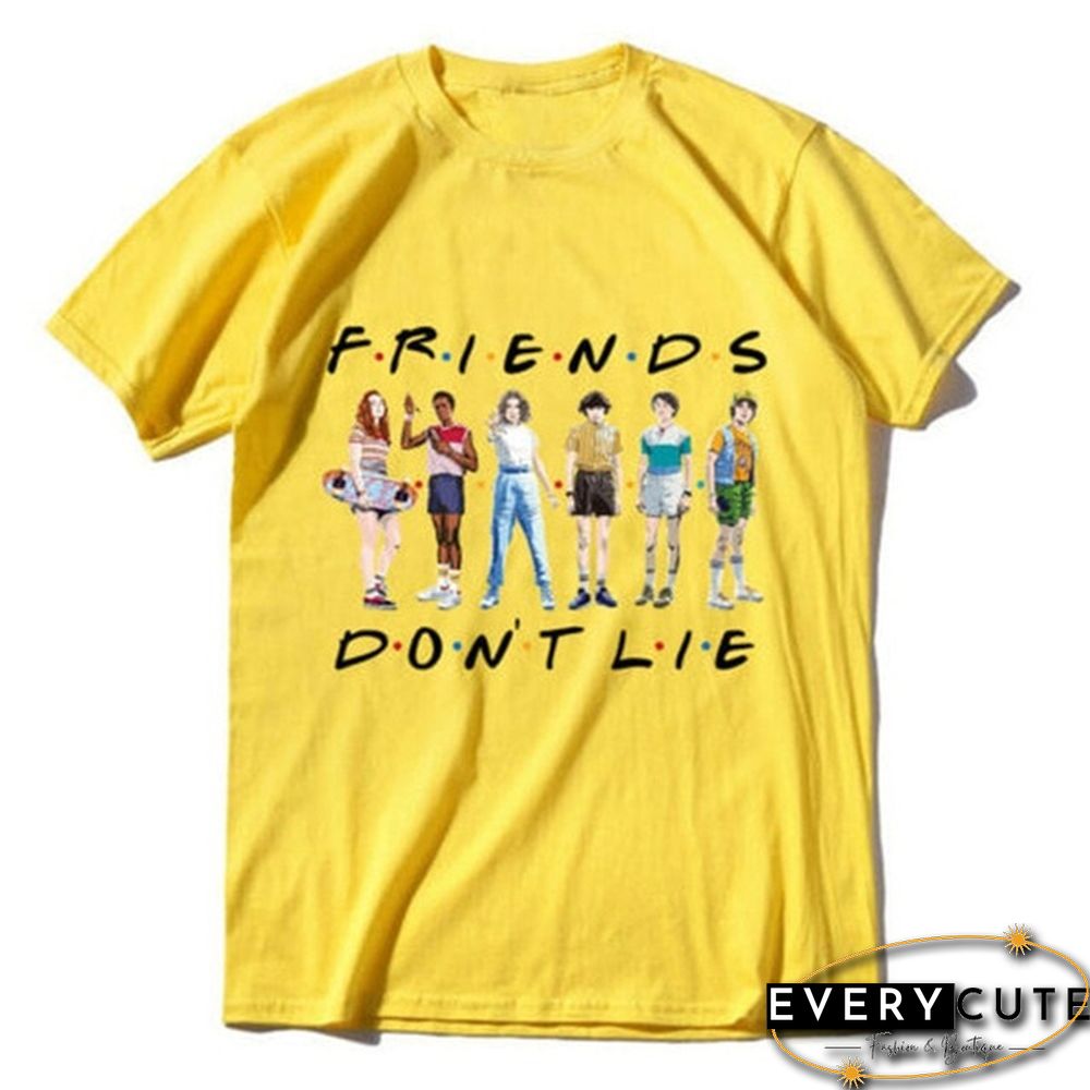 1Pcs Freind Dont Lie Six People Stand Printed T Shirt Stranger Things Letter Print Plus Size T Shirt White Short Sleeve Friends Dont Lie Printing Tees Feme Summe Tops