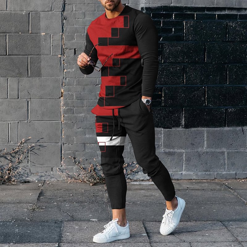 Men's Abstract Color Blocking Long Sleeve T-Shirt And Pants Co-Ord