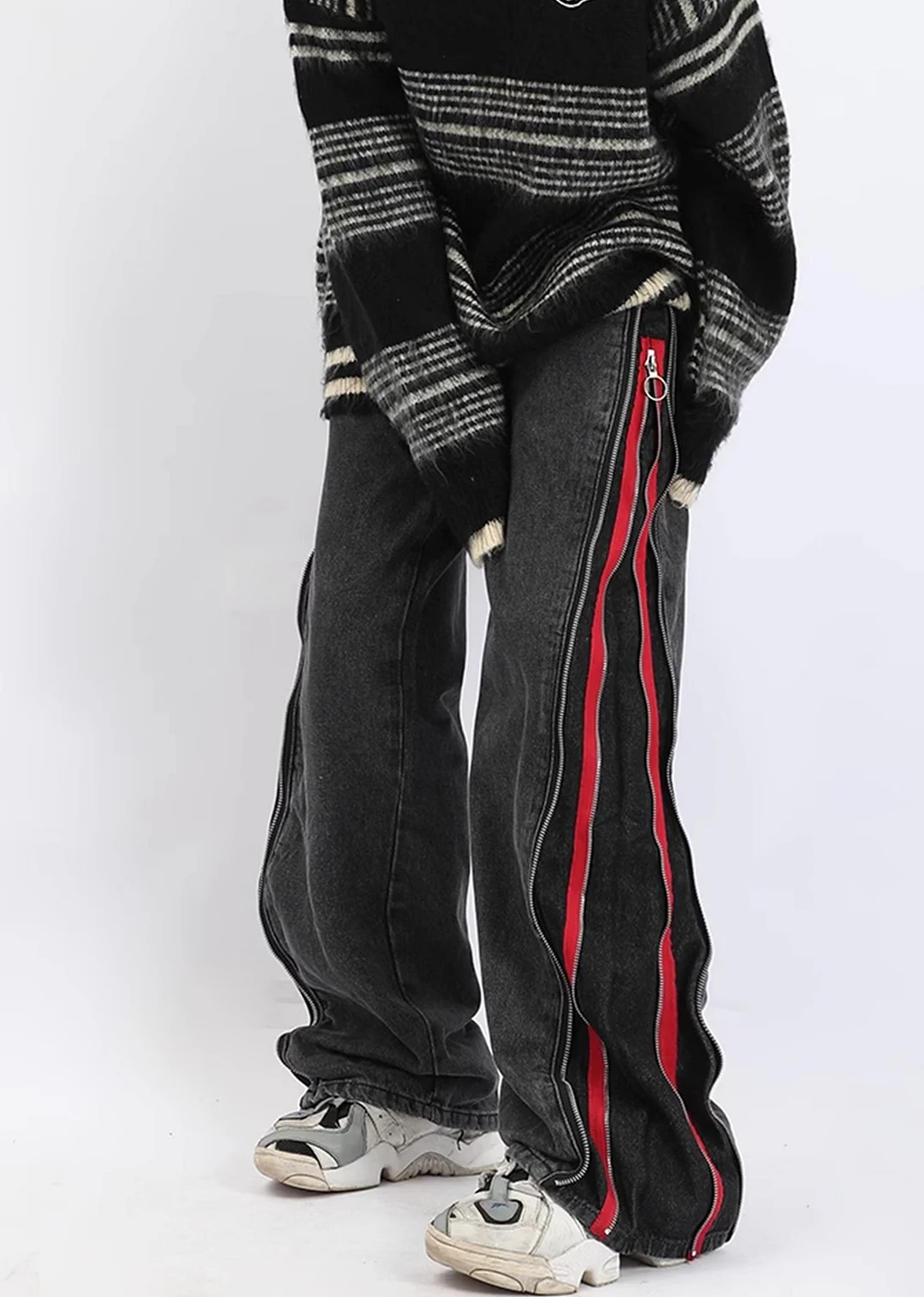 Brownm Vintage Multiple Side Stripes Zipper Jeans