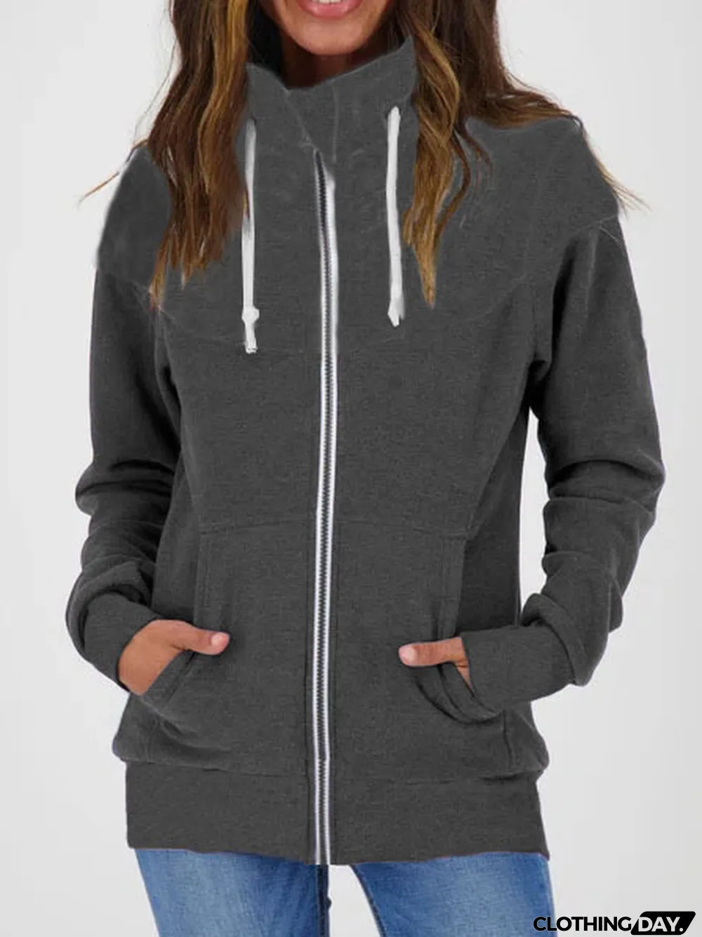 Fall Winter Women's Casual Long Sleeve Fleece Zip High Neck Sweatshirt