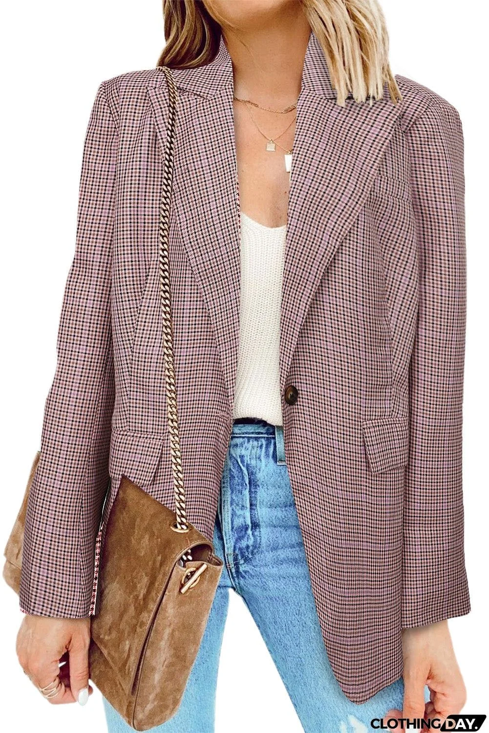 Plaid Print Lapel Collar Buttoned Blazer