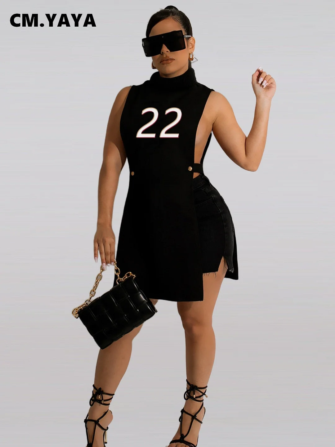 CM.YAYA Sport Women Sleeveless Open Side Sexy Turtleneck Pullover Slim Sweatshirt Style Tee Tops 2022 New
