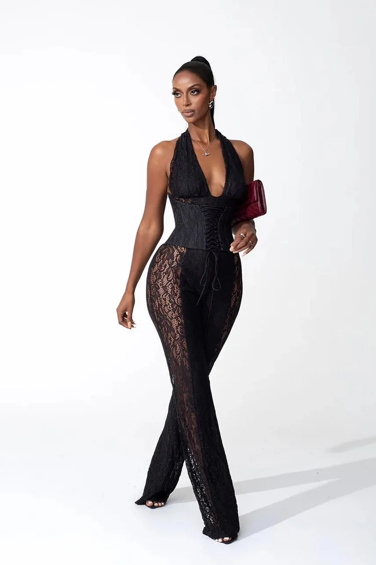 Martha Halter Neck Sheer Lace Jumpsuit