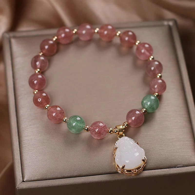 Natural Strawberry Quartz Jade Buddha Protection Healing Bracelet