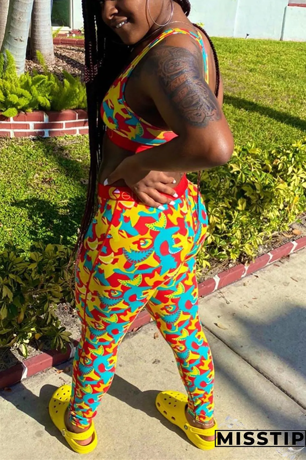 Yellow Fashion Sexy Printed Vest Trousers Set