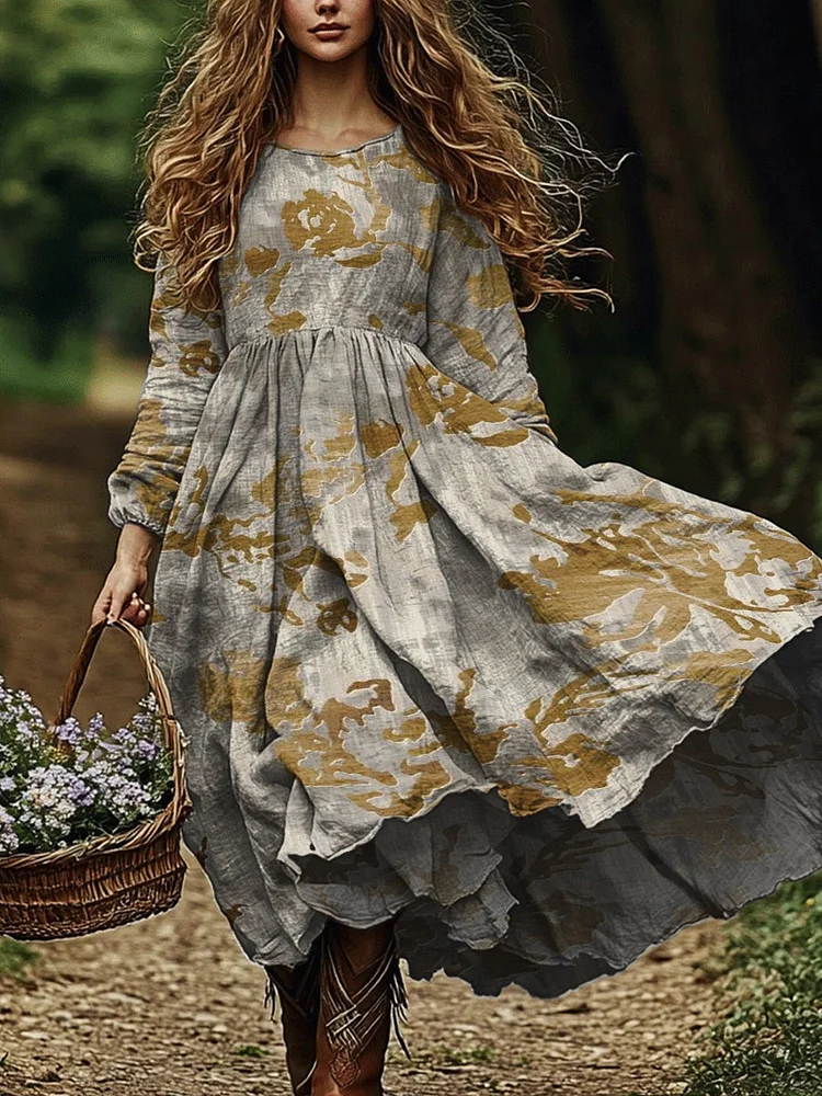 Women's Vintage Floral Print Casual Long Sleeve Dress