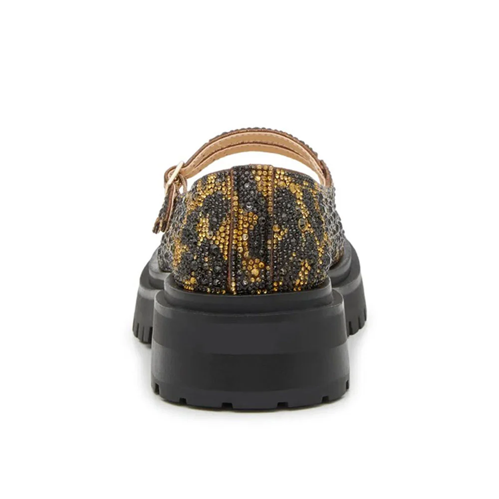 Brown & Black Round Toe Rhinestone Leopard Print Platform Mary Janes
