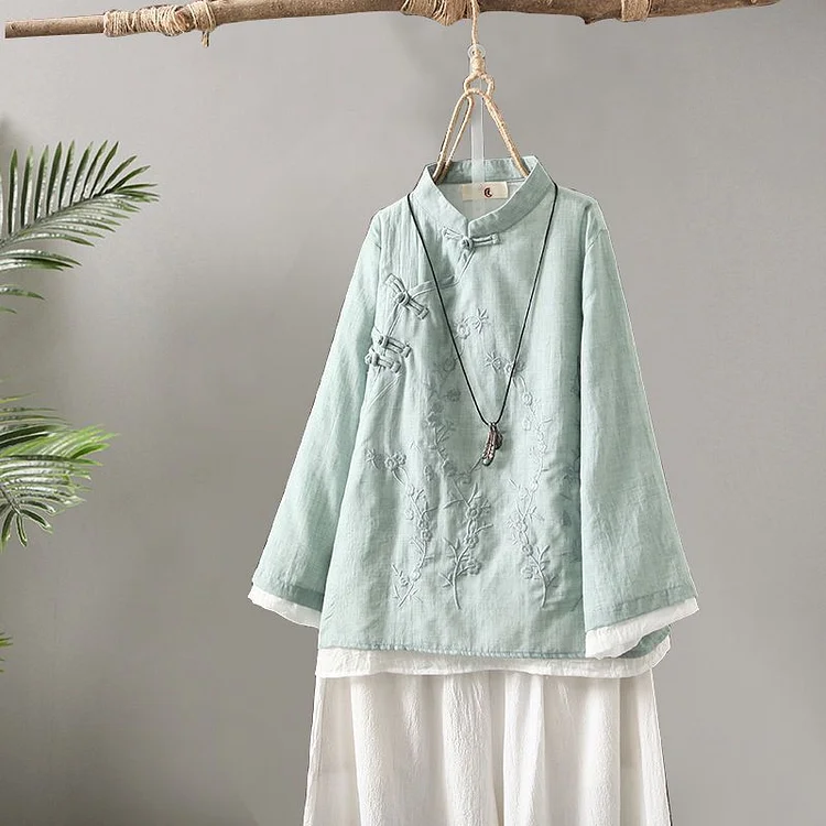 Women's Retro Embroidery Button Up Cotton And Linen Shirt