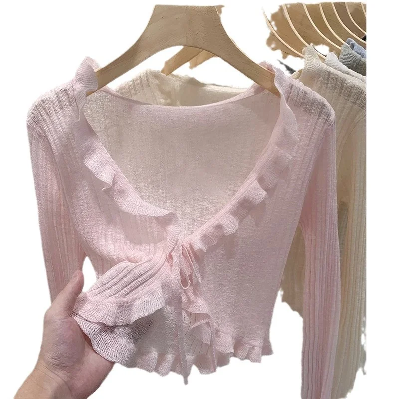 Uveng Uveng Ice Silk Knitted Cardigan Long Sleeve 2024 Summer Black Outer Short Air Conditioning Shirt Sunscreen Shawl Woman