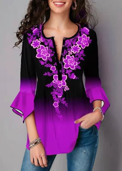 XS-8XL Women's Autumn and Winter Fashion V-nck 3/4 Sleeve Printing Tops Casual Loose Blouse Plus Size Pullover T-shirts - BlackFridayBuys