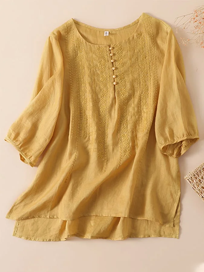 Cotton And Linen Button Up Quarter Sleeved Loose Embroidered Shirt