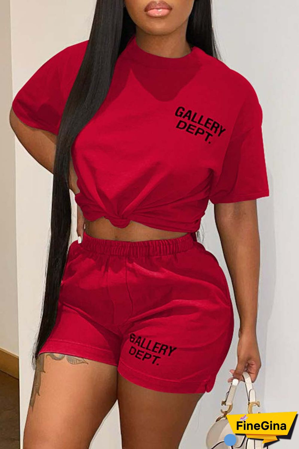 Red Casual Letter Print Basic O Neck Short Sleeve Two Pieces