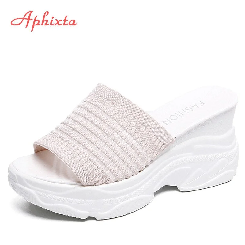 Aphixta Cotton Fabric Platform Wedge Slippers Women Shoes Mules Clog Gingham Sandals Girls Flip Flop Slides Pantuflas De Mujer