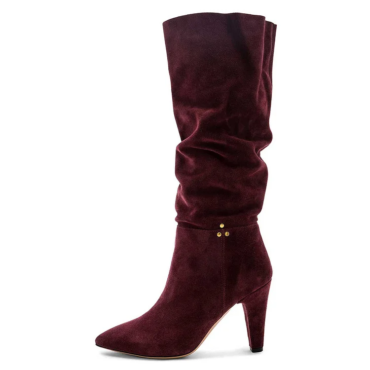 Burgundy Slouch Boots Pointy Toe Chunky Heel Knee High Boots |FSJ Shoes