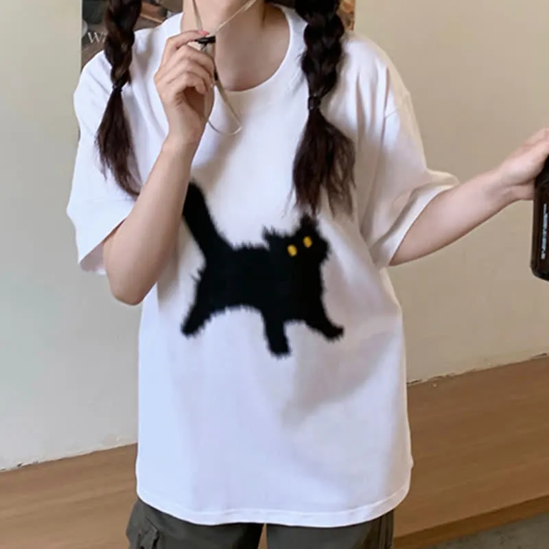 Cartoon Cat Print Round Collar Oversized T-Shirt