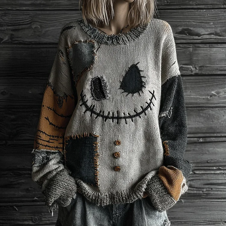 Halloween Spooky Face Contrast Stitched Cozy Knit Sweater
