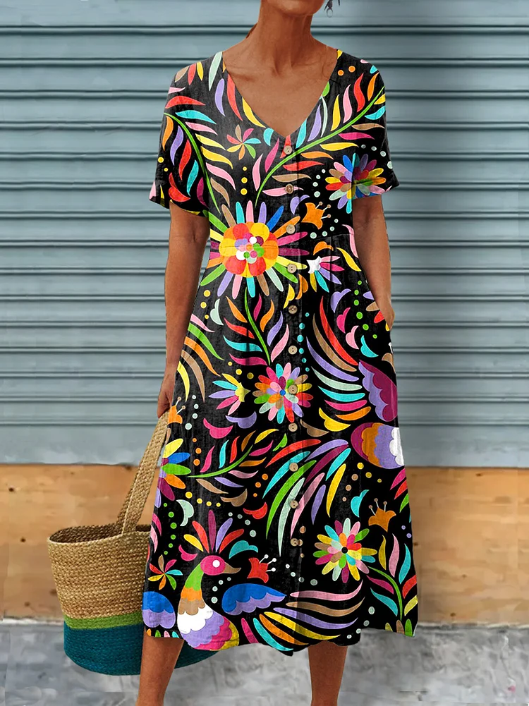 Multicolor Bird And Floral Pattern Printed Women's Linen Pocket Tunic Dress socialshop
