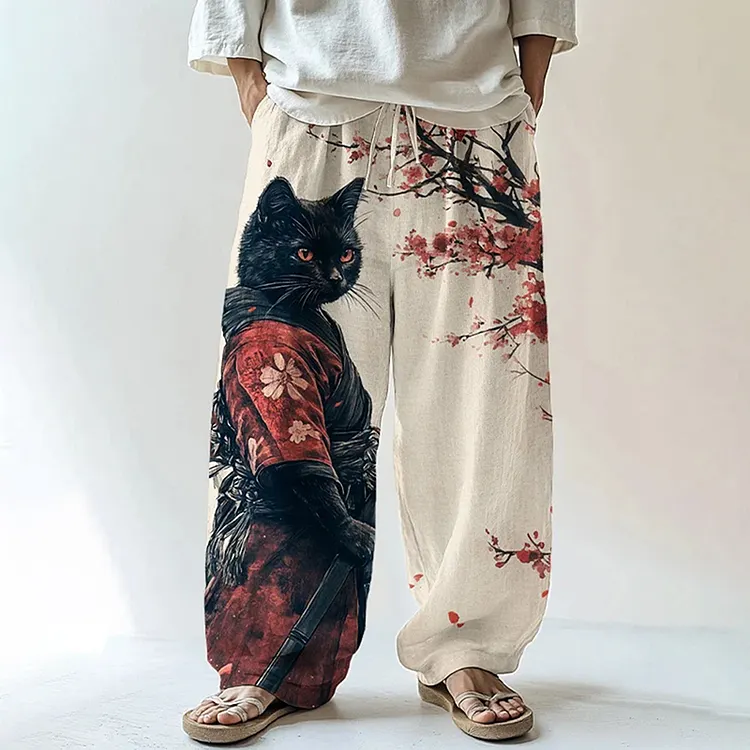 Men's Black Cat Samurai Japanese Art Print Casual Pants