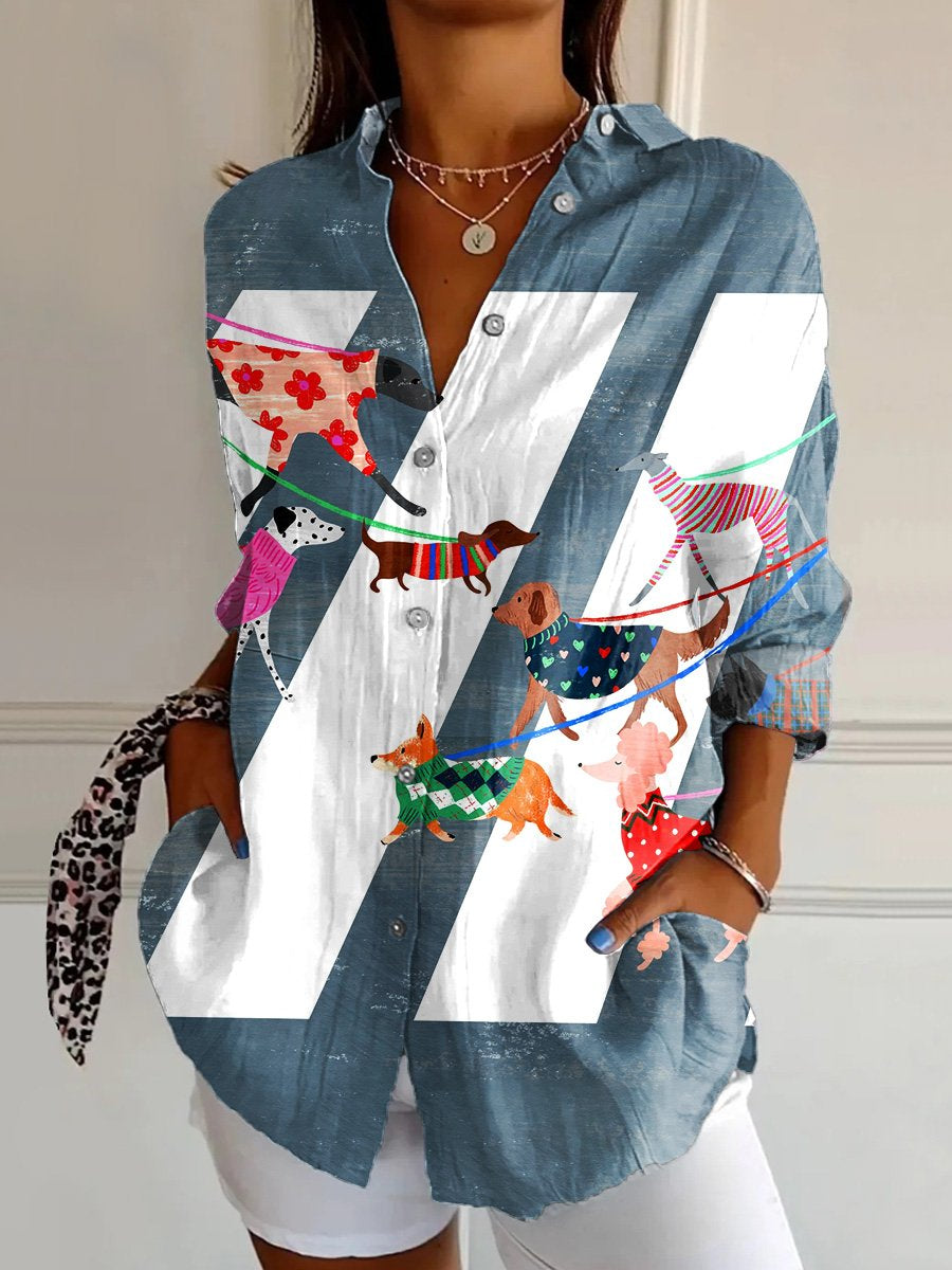 Women's  Dog  Art Print Casual Cotton Shirt