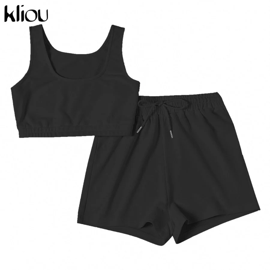 Kliou Casual Solid Sportswear Two Piece Sets Women 2021 Crop Top And Drawstring Shorts Matching Set Summer Athleisure Outfits