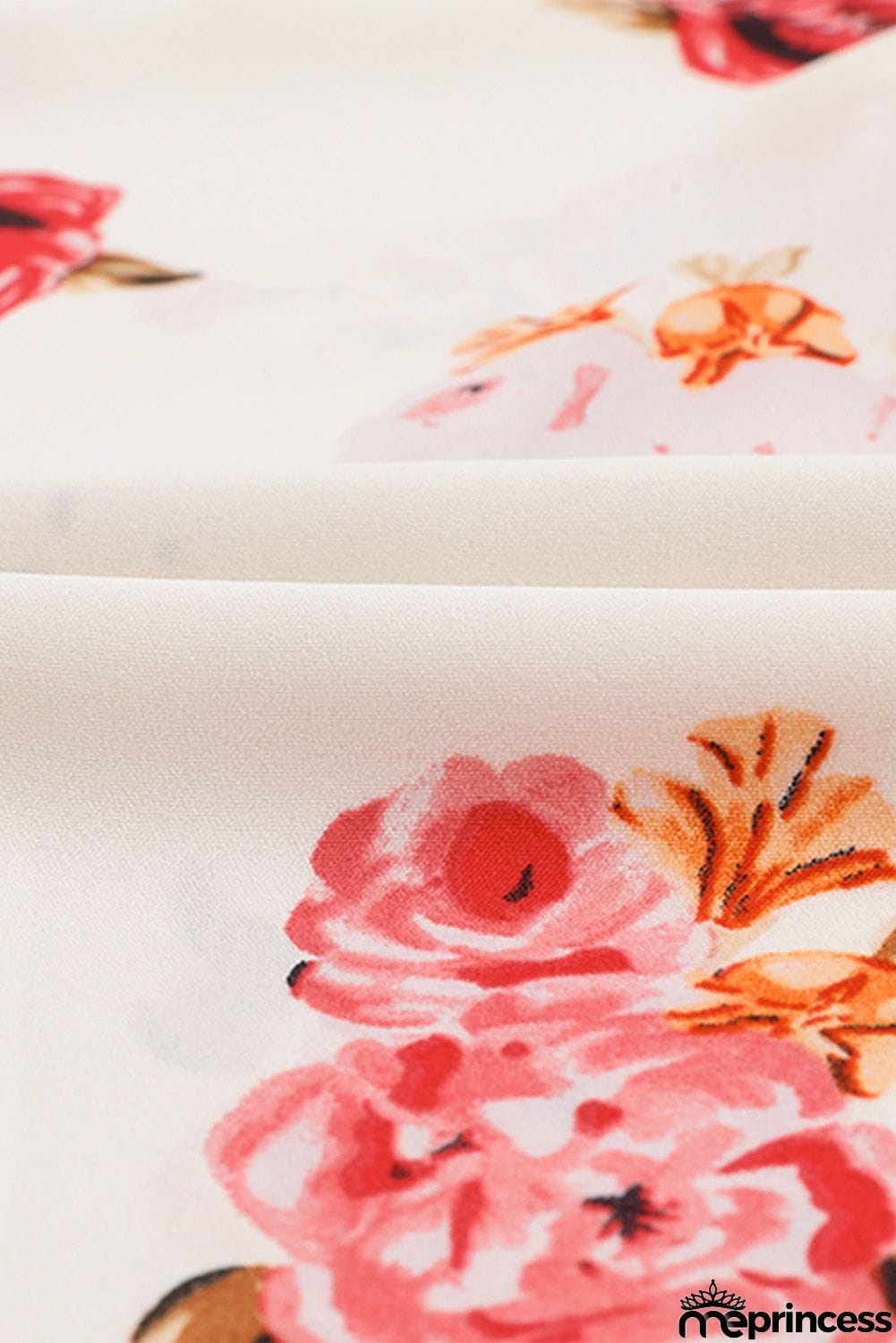 Beige Floral Print V Neck Button Down Blouse