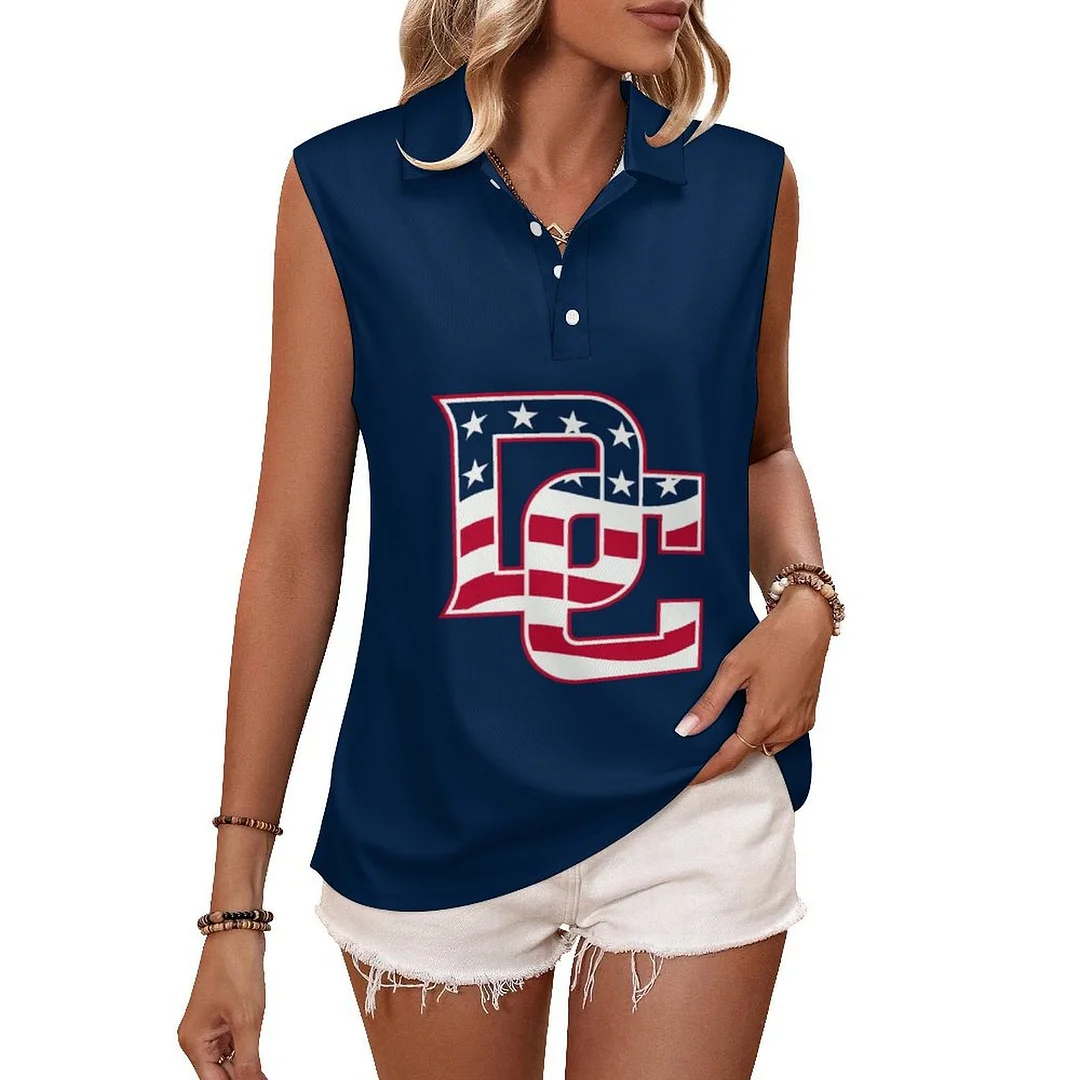 V-neck Sleeveless Casual POLO Shirt Tank Top for Women Printed with Pattern , Blue, Red