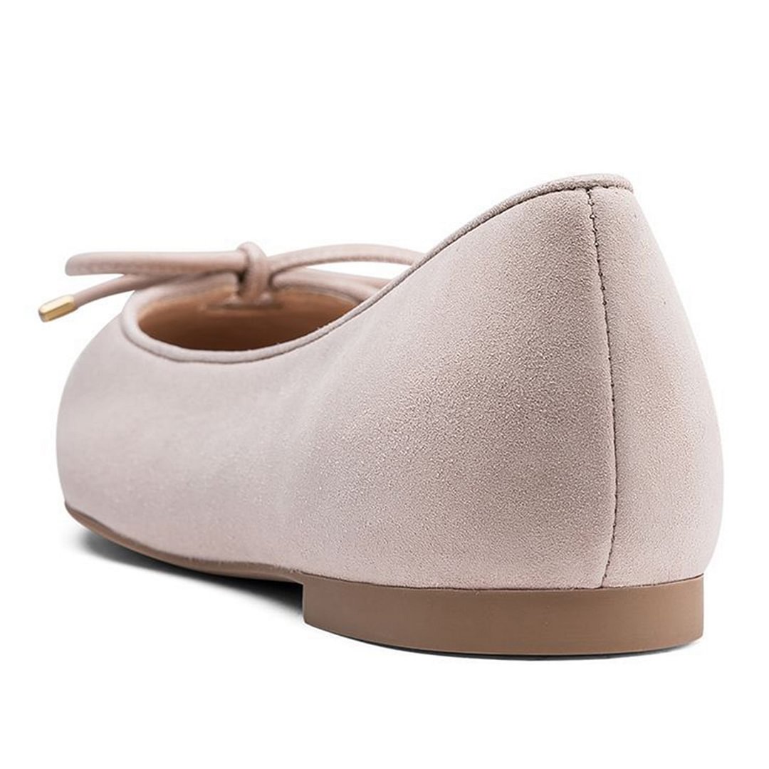 Women's Light Pink Vegan Suede Round Toe Slip On Ballet Flats with Bow