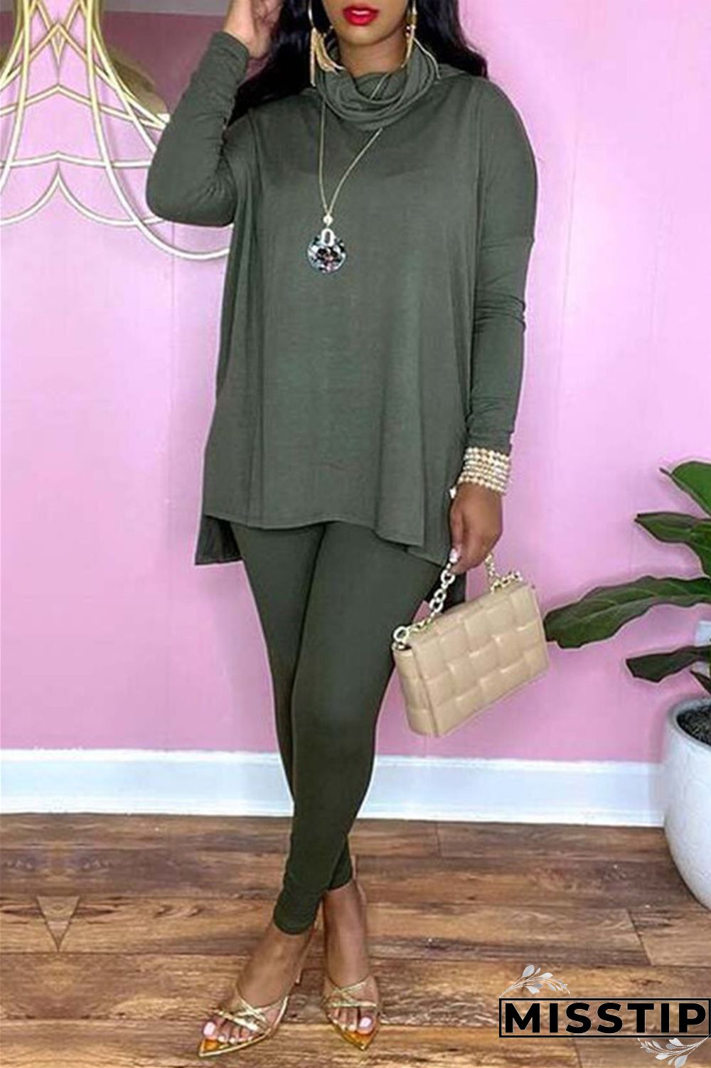 Black Fashion Casual Solid Basic Turtleneck Long Sleeve Two Pieces