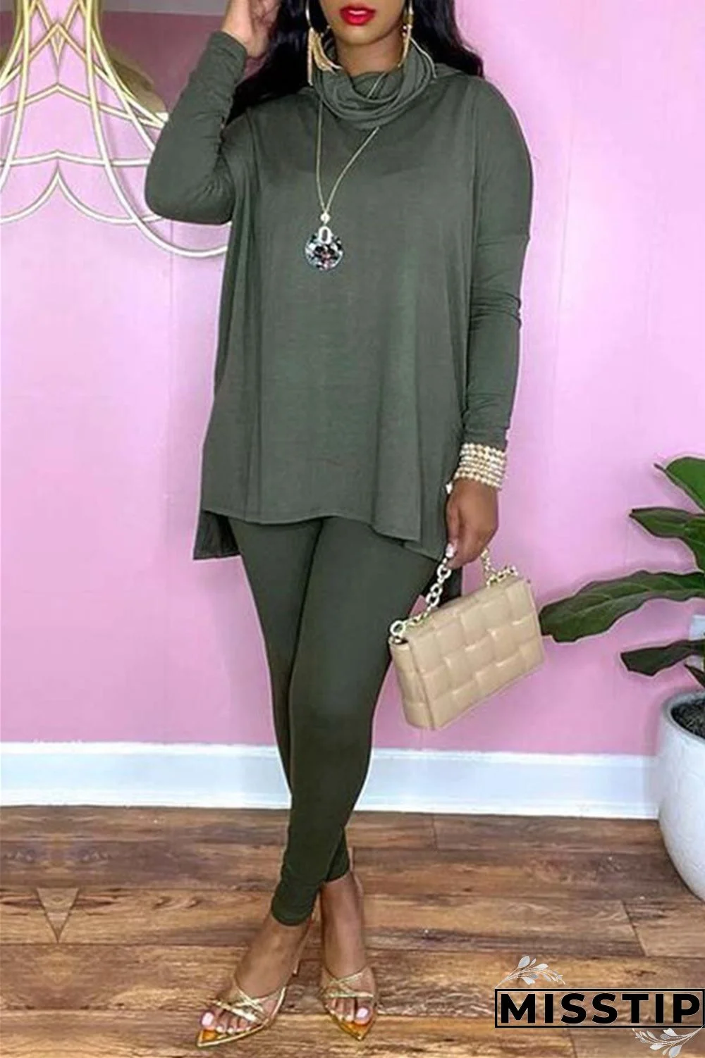 Black Fashion Casual Solid Basic Turtleneck Long Sleeve Two Pieces