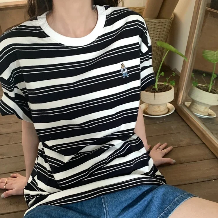 Woherb Korean Fashion Striped Oversize T-shirts Women Preppy Style Vintage Cartoon Short Sleeve Top Female Harajuku T Shirts 425-1