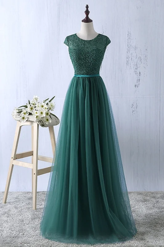Gorgeous Cap Sleeves Lace Prom Dress Long Tulle Zipper Evening Gowns - lulusllly