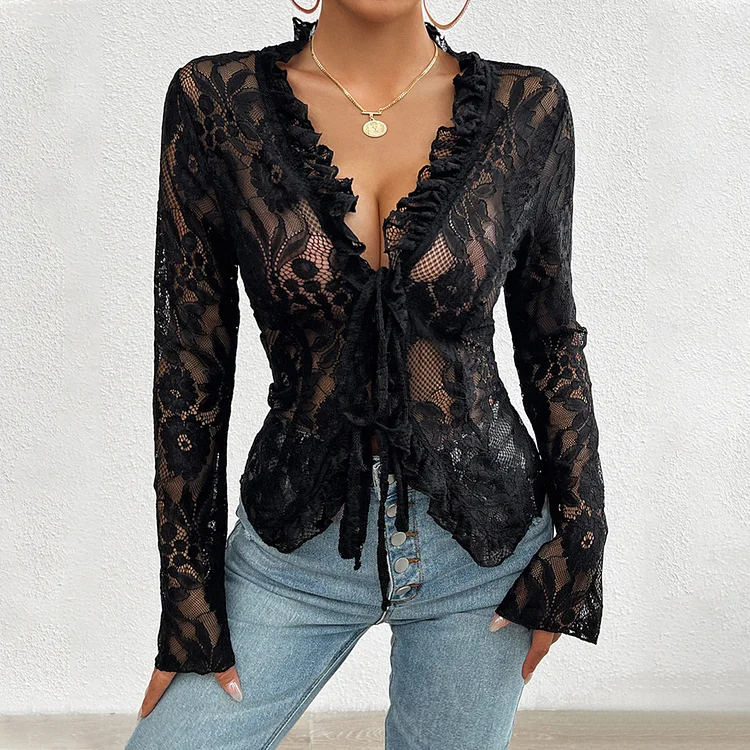 Casual Lace Hollow Out Flare Sleeve Lace-Up Ruffle Blouse