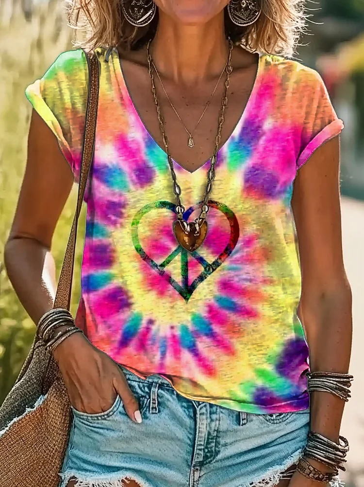 Women's Peace Sign Tie Dye Print 100%Cotton V-neck T-Shirt