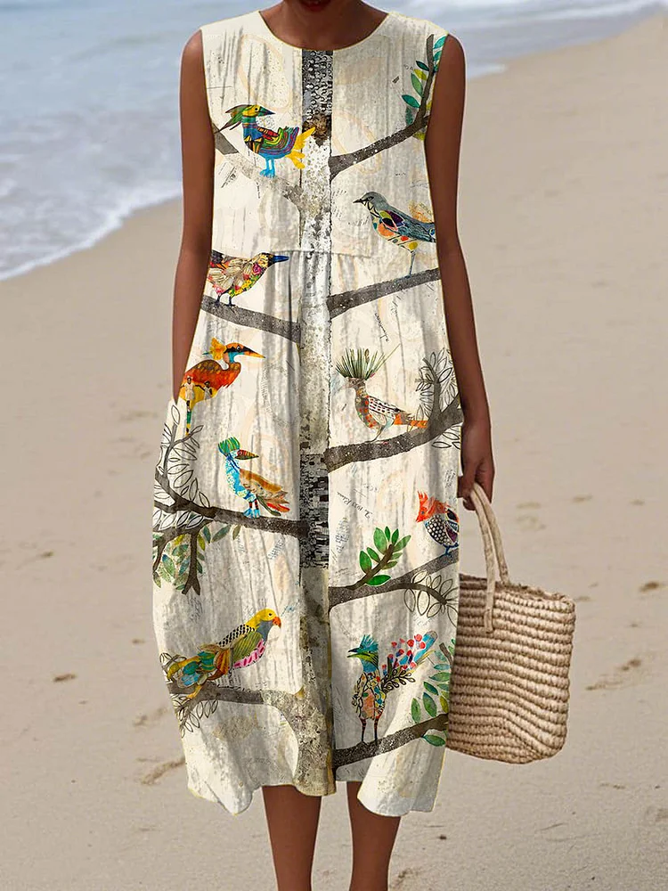 Women's Lovely Birds Art Print Sleeveless Cotton Pocket Wrap Dress