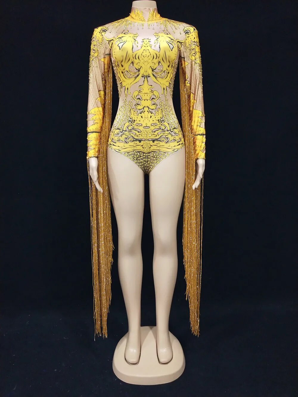 VCSHOES Rhinestones Tassel Sleeve Prints Bodysuit Dance Costume Women Singer Dancer Performance Stage Wear Rave Festival Clothing