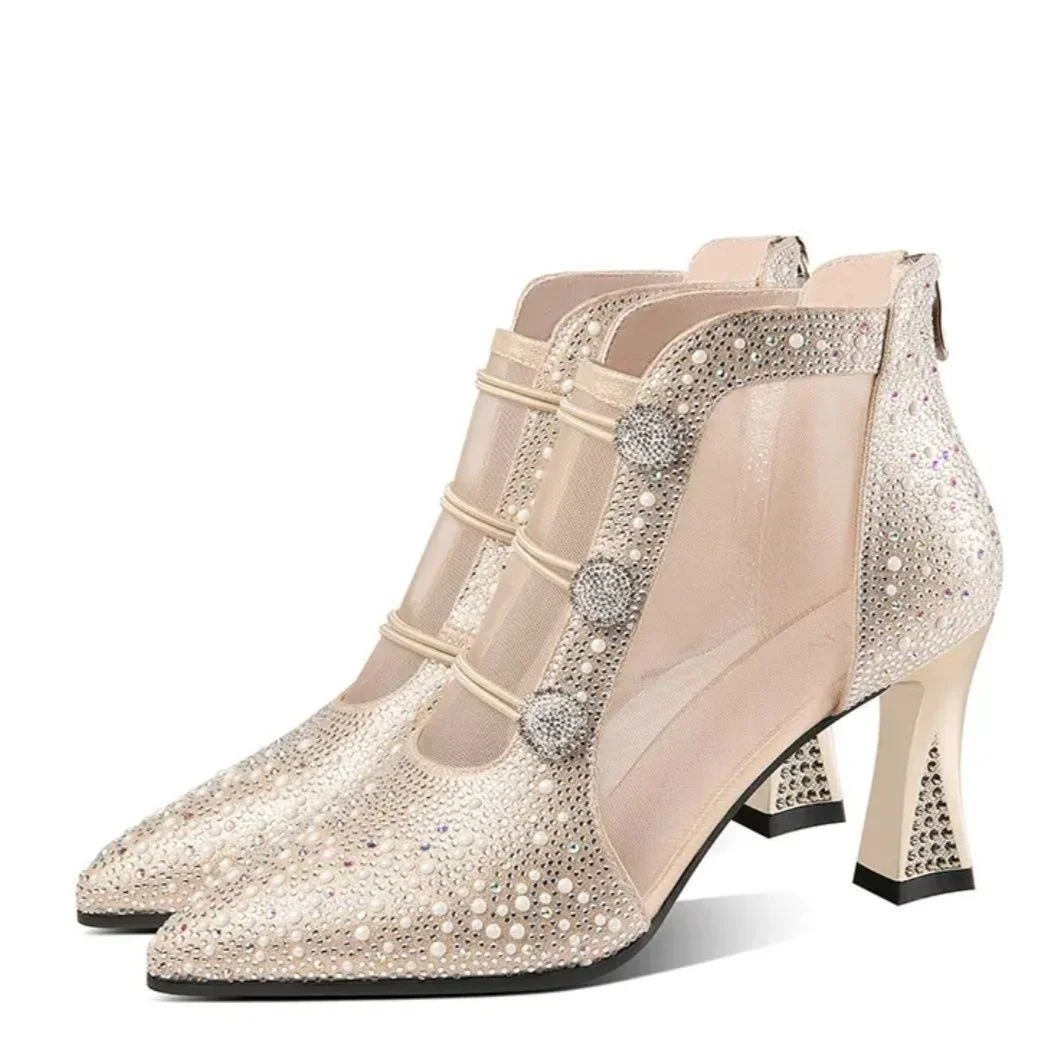 Wongn Wongn Hollow Head Sandals Women High Heels Sandals Women Wear Thick Heel Pointed Breathable Net Boots Women's Sandals