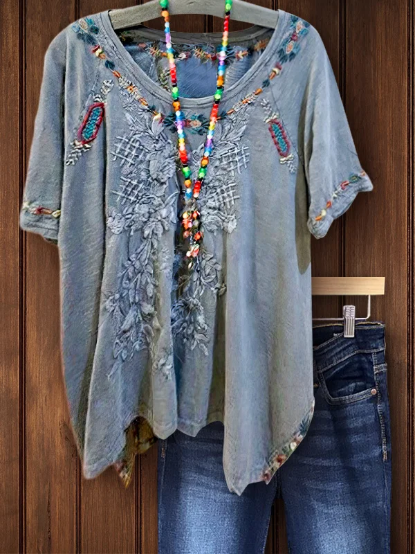 Casual Retro Floral Embroidered Short Sleeve Top