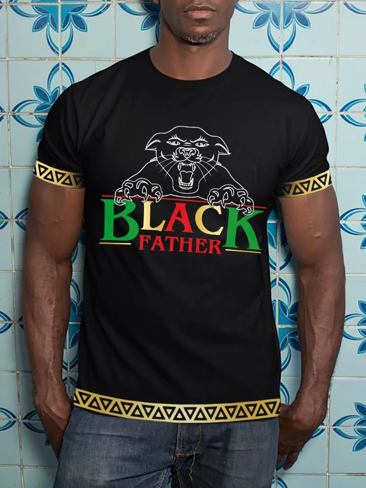 BrosWear Men's Black Father Panther Graphic Ethnic Hem T Shirt