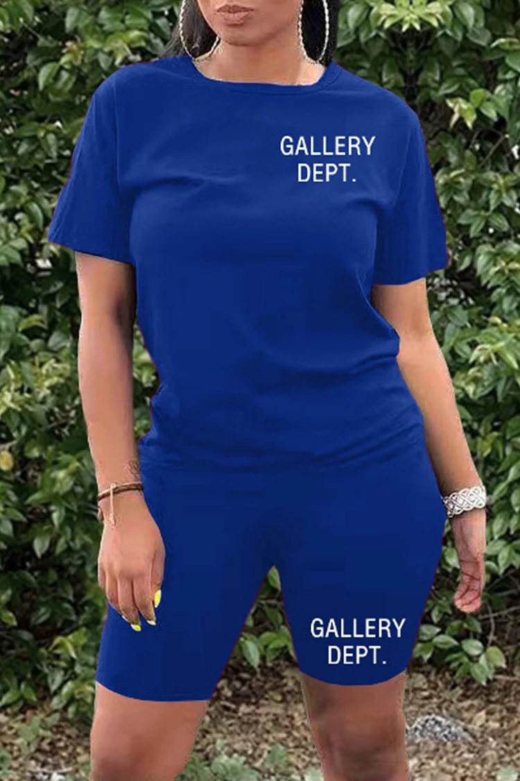 Blue Casual Letter Print Basic O Neck Short Sleeve Two Pieces