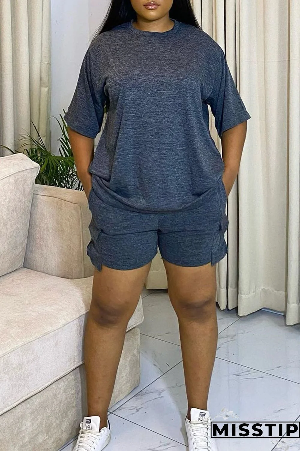 Orange Red Casual Solid Patchwork O Neck Short Sleeve Two Pieces