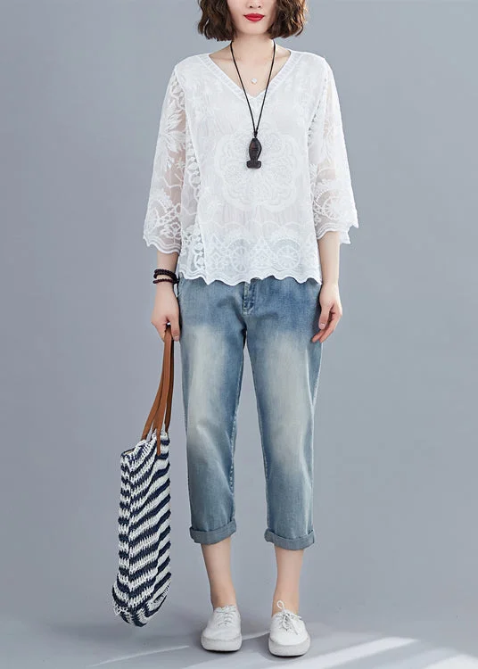 Natural White Embroideried Oversized Cotton Shirts Batwing Sleeve