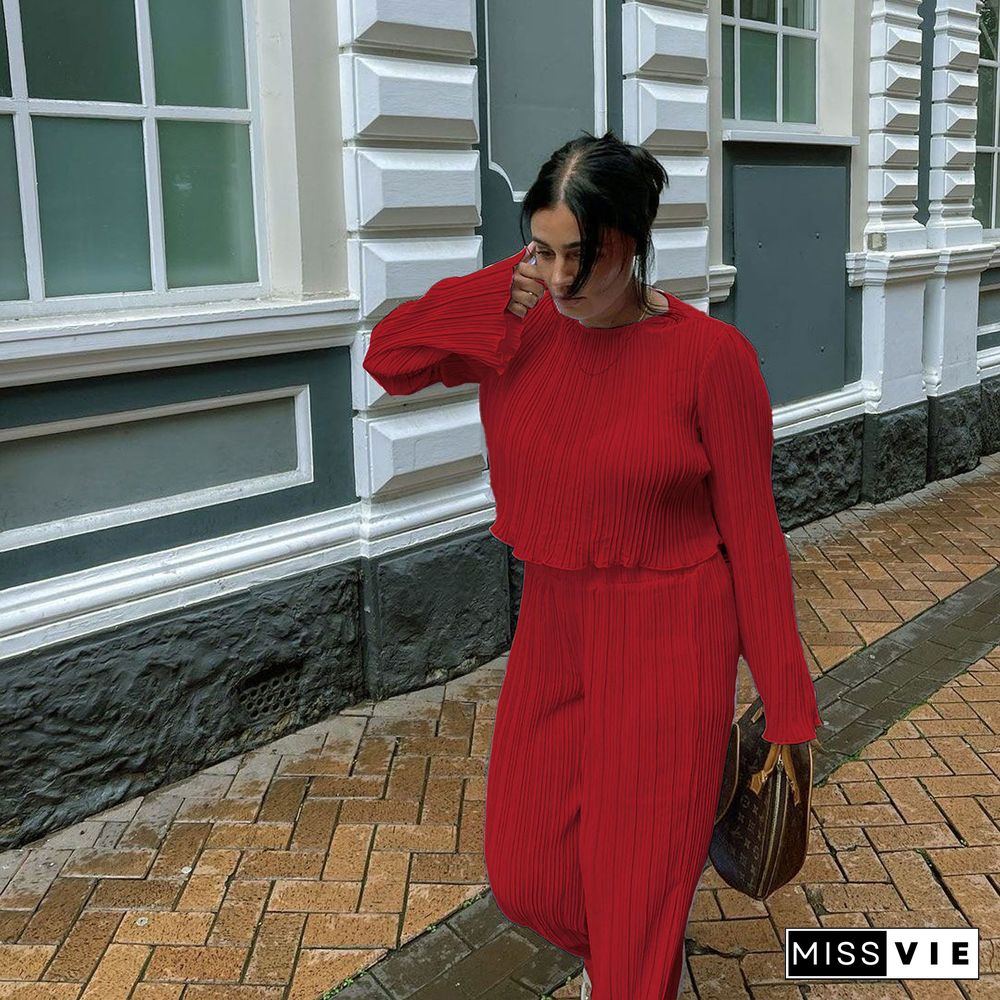 Pleated Loose Blouse Crop Top Wide Leg Pants Outfits