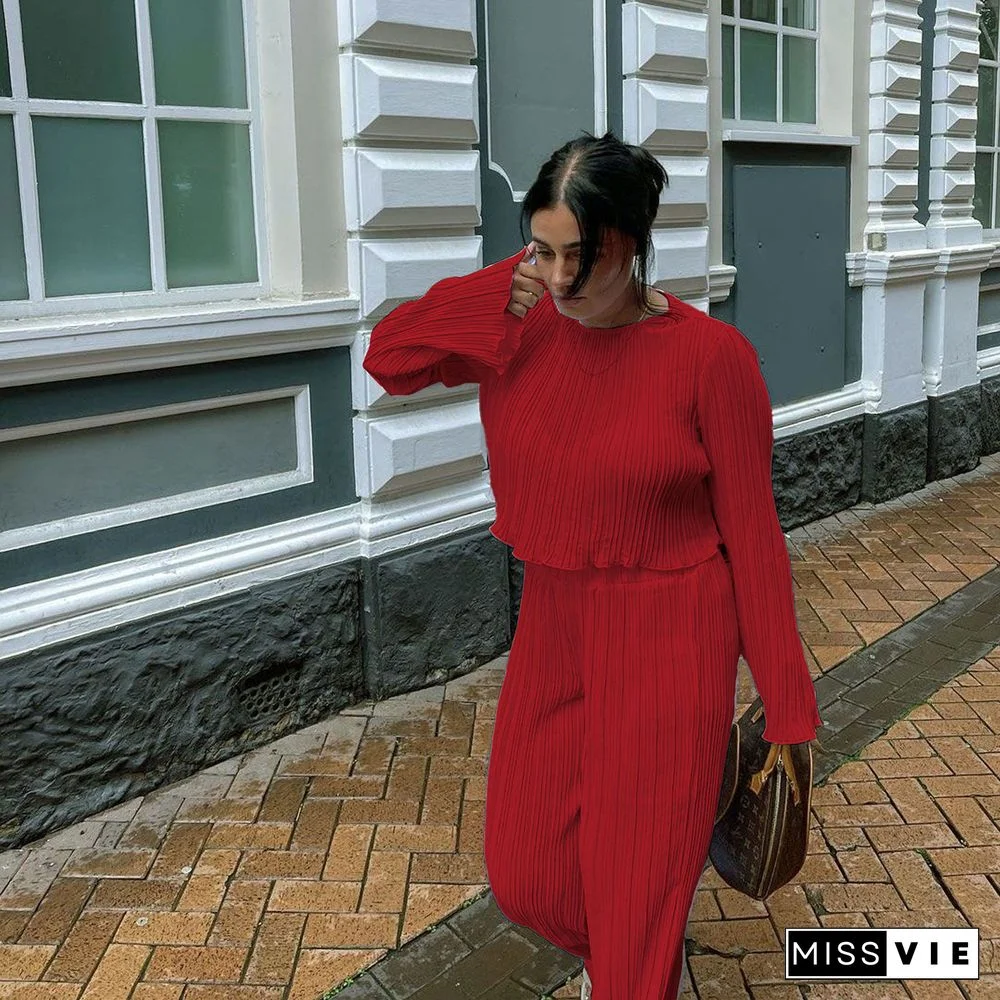 Pleated Loose Blouse Crop Top Wide Leg Pants Outfits