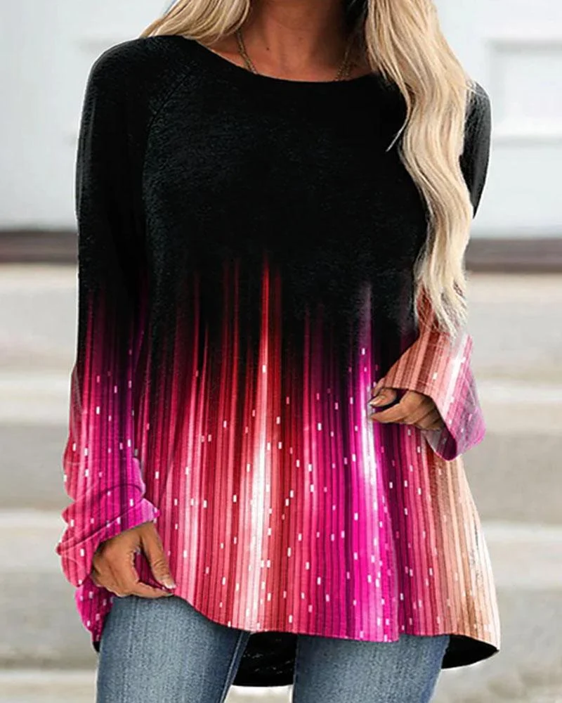 Women's Light Print Round Neck Long Sleeve Plus Size Top