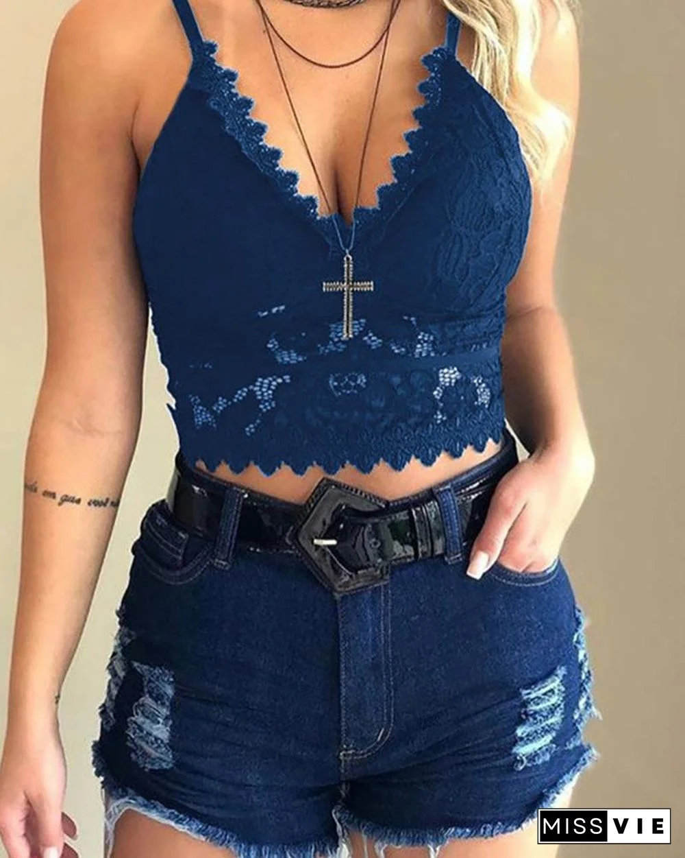 Lace  Hollow Out Spaghetti Strap Top