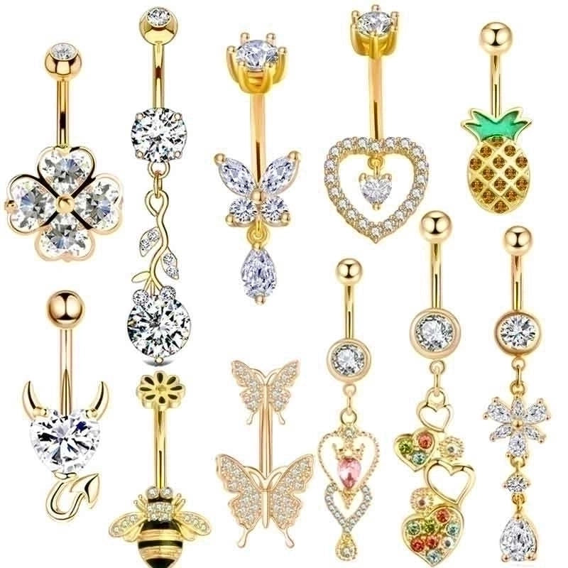 15 Pieces Minimalist Heart Shape Pineapple Butterfly Plating Inlay Stainless Steel Zircon Navel Stud
